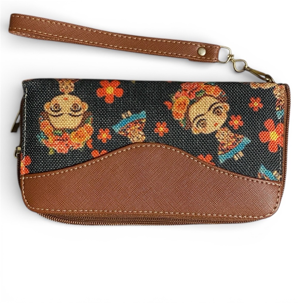 Elegant Floral Black and Brown Wristlet Clutch. Frida Kahlo Decorated.